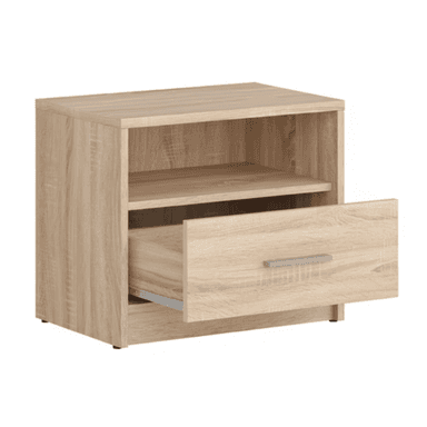 A compact, rectangular bedside table constructed from composite wood with a light oak-effect laminate finish. It features an open storage compartment above a single pull-out drawer, which is equipped with a silver-colored bar handle. The unit rests on small, dark feet. — 3D model (AI enhanced source)