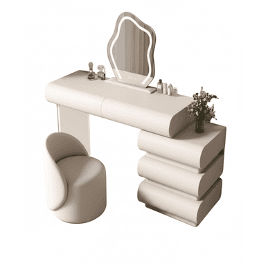 A modern vanity set featuring a cream-colored dressing table with integrated storage, a wavy-shaped mirror with LED lighting, and a matching upholstered barrel stool. The table exhibits rounded edges and a sculptural design, with one side supported by a solid panel and the other by a stack of four fluted, layered drawers, giving it a distinctive curvilinear aesthetic. The mirror is free-standing on the tabletop and features touch controls for the integrated LED lights. — 3D model (AI enhanced source)