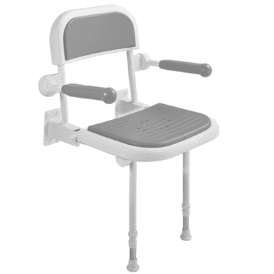 A wall-mounted foldable shower chair featuring a white frame with gray padded seat, backrest, and armrests, designed for accessibility. — 3D model (AI enhanced source)
