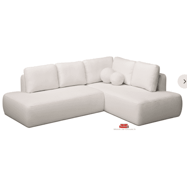 A modern, off-white L-shaped sectional sofa with soft, rounded edges and a low profile. It features plush seat and back cushions, and two spherical accent pillows. The fabric appears textured, possibly bouclé. — 3D model (AI enhanced source)