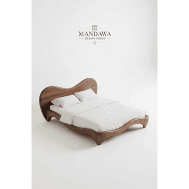 A modern platform bed featuring a distinctive wavy wooden frame and headboard, crafted from dark walnut, with white bedding. — 3D model (AI enhanced source)