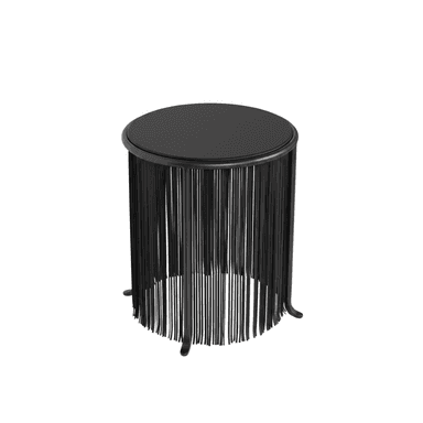 A black round table featuring a unique fringe-like design for its base, supported by three subtle feet. — 3D model (AI enhanced source)
