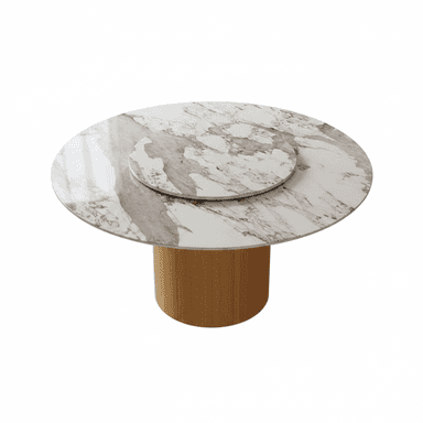 A contemporary round coffee table featuring a large marble top, a cylindrical wood pedestal base, and a smaller, raised circular marble insert on the main tabletop. — 3D model (AI enhanced source)