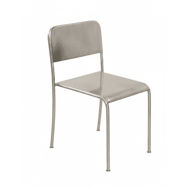 A minimalist, modern armless chair constructed entirely from metal, featuring a tubular frame, a flat rectangular seat, and a slightly curved rectangular backrest. All edges are rounded, and the chair has a uniform metallic finish. — 3D model (AI enhanced source)