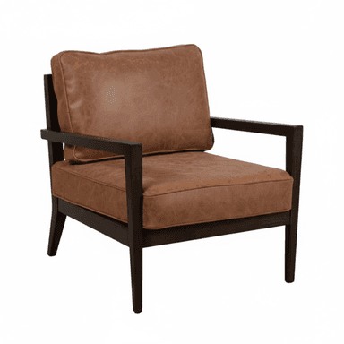 A brown leather armchair with a dark wood frame. The armchair features a plush seat cushion and a separate back cushion. The frame has a minimalist design with straight lines and tapered legs. — 3D model (AI enhanced source)