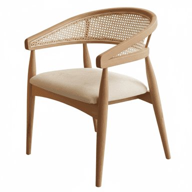 A modern dining armchair constructed from light-toned wood with a curved, open backrest featuring cane webbing. The seat is upholstered in a light, neutral fabric, and it stands on four subtly tapered wooden legs. — 3D model (AI enhanced source)