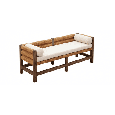 A modern bench featuring a dark stained wooden frame, integrated side and back panels made from tightly woven natural fibers (resembling jute or rattan), and a removable off-white upholstered seat cushion. It is accessorized with two matching cylindrical bolster pillows. The design is contemporary with organic and natural material influences. — 3D model (AI enhanced source)