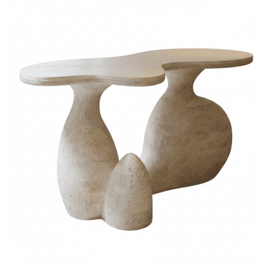 A console table with an organic, flowing shape. It features a single, freeform tabletop supported by two sculptural pedestal bases that appear to be bulbous and rounded, with a smaller, organically shaped element in the foreground connecting to the bases. The overall design evokes natural forms. — 3D model (AI enhanced source)