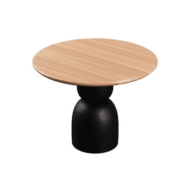A contemporary round side table featuring a light-toned wooden top and a matte black sculptural pedestal base. The base has a distinctive hourglass-like shape with subtle vertical lines or grooves, giving it a tactile texture and modern aesthetic. The table presents a two-tone appearance, blending natural wood with a bold black finish. — 3D model (AI enhanced source)