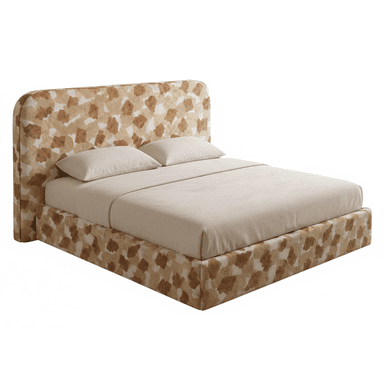 A contemporary upholstered platform bed featuring a high headboard and integrated bed frame, both covered in a distinctive abstract fabric pattern of brown and beige tones. The bed is shown with a mattress and pillows, suggesting a complete sleeping solution. — 3D model (AI enhanced source)