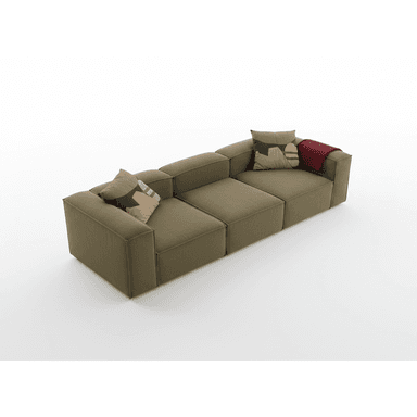 A contemporary modular sectional sofa featuring three distinct upholstered units, arranged in a straight line configuration. The sofa is covered in an olive green fabric with visible contrast stitching and includes block-style arms and backrests. Two decorative throw pillows with abstract patterns and a solid red throw blanket are placed on the sofa. — 3D model (AI enhanced source)