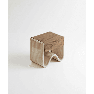 A small, cube-shaped nightstand featuring a wavy, continuous woven base and a single wooden drawer. — 3D model (AI enhanced source)