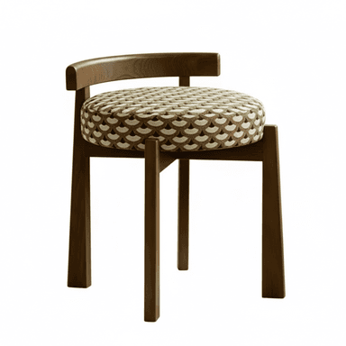 A compact vanity stool featuring a dark brown walnut wood frame and a circular, generously upholstered seat. The upholstery has a distinctive geometric scallop pattern in shades of olive green, cream, and dark brown. It includes a minimal, curved wooden backrest that extends from the rear legs. The legs are slightly tapered and square in profile. — 3D model (AI enhanced source)