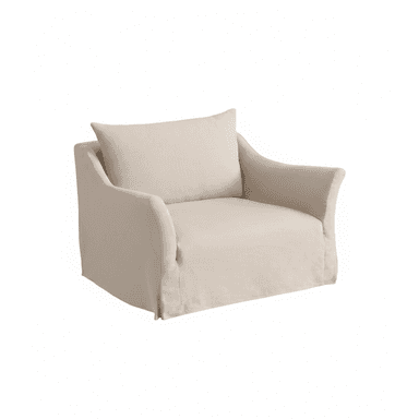 An upholstered armchair featuring a full slipcover in a neutral beige fabric. It has wide, gently curved arms that flow into the backrest, and a loose, rectangular back cushion for added comfort. The slipcover extends to the floor, obscuring the legs and giving the chair a relaxed, casual appearance. The fabric appears to be a textured, durable material. — 3D model (AI enhanced source)