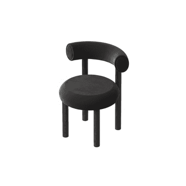 A contemporary accent chair featuring a circular upholstered seat and a continuous, rounded backrest that also functions as integrated armrests. The chair is supported by four dark, cylindrical wooden legs that extend directly from the seat frame. The upholstery is a soft, dark fabric in a consistent black color. — 3D model (AI enhanced source)