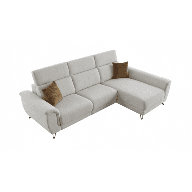 A modern, light-colored L-shaped sectional sofa featuring a chaise lounge extension and adjustable headrests. The sofa is upholstered in a textured fabric and includes two decorative throw pillows. It stands on minimal, dark-colored metal legs. — 3D model (AI enhanced source)