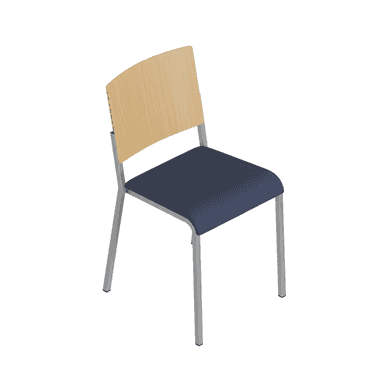 A contemporary armless chair featuring a silver-colored metal frame, a navy blue upholstered seat cushion, and a curved light-toned wooden backrest. — 3D model (AI enhanced source)
