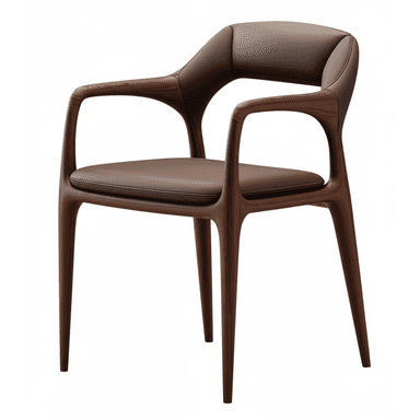 A sophisticated modern armchair featuring a dark brown wooden frame with organically curved lines, complemented by dark brown leather upholstery on the seat and backrest. The armrests are integrated seamlessly into the frame, and the legs are tapered, contributing to a sleek and elegant silhouette. — 3D model (AI enhanced source)