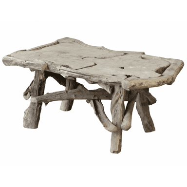 A rustic coffee table crafted entirely from natural, weathered wood, likely driftwood or reclaimed timber. It features an irregularly shaped, live edge tabletop with visible fissures and a natural, aged patina. The base is composed of multiple branch-like supports, uniquely assembled to form a stable and organic foundation, reflecting a handcrafted aesthetic. — 3D model (AI enhanced source)