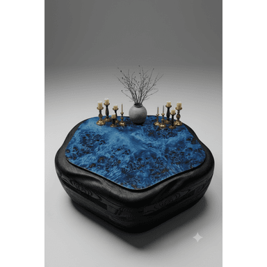 A low-profile, organically shaped coffee table featuring a vibrant, highly figured blue resin top, contrasted with a dark, sculpted or textured wooden base. — 3D model (AI enhanced source)