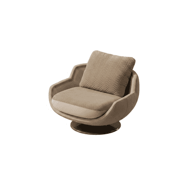An upholstered swivel lounge chair featuring a deep, rounded form, integrated armrests, and a loose back cushion, all supported by a circular metal swivel base. — 3D model (AI enhanced source)