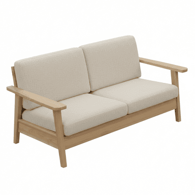 A modern two-seater sofa featuring an exposed light oak wood frame and light cream-colored fabric cushions. The design is minimalist, with clean lines and a Scandinavian aesthetic. The seat and back cushions are separate, creating a comfortable and inviting appearance. The armrests are simple, flat wooden planks, and the legs are subtly tapered. — 3D model (AI enhanced source)