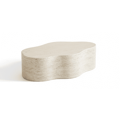 A modern, sculptural coffee table crafted entirely from light-colored travertine stone. Its distinctive feature is an elongated, undulating top and base, creating an organic, wavy silhouette. The surface and sides are smooth with visible natural pores inherent to travertine, exhibiting a natural, matte finish. The piece appears monolithic and robust, designed as a singular, continuous form. — 3D model (AI enhanced source)