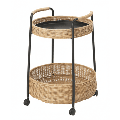 A two-tiered serving or bar cart featuring a black metal frame, two circular natural wicker woven baskets, and caster wheels. The top basket incorporates a removable black metal tray. The frame extends upwards to form integrated curved handles, wrapped in matching wicker. — 3D model (AI enhanced source)