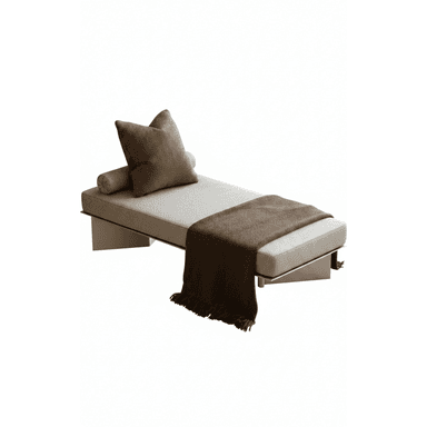 A modern daybed featuring a long, rectangular upholstered surface in a light neutral fabric, supported by a minimalist metal base. It is accessorized with a cylindrical bolster cushion, a square throw pillow, and a fringed throw blanket, all in a contrasting brown textile. — 3D model (AI enhanced source)