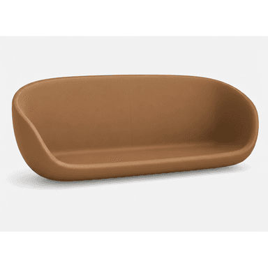 A contemporary loveseat featuring a seamless, organic, and sculptural form, upholstered in a smooth, matte tan material. The design presents a continuous, curved shell-like structure that serves as both seating and backrest, with integrated low armrests and no visible legs. — 3D model (AI enhanced source)