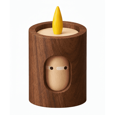 A cylindrical decorative object made primarily of wood, designed to resemble a candle. It features a bright yellow, flame-shaped element at the top, and a cut-out on the side revealing a smaller, light-toned wooden figure with simple facial features. — 3D model (AI enhanced source)