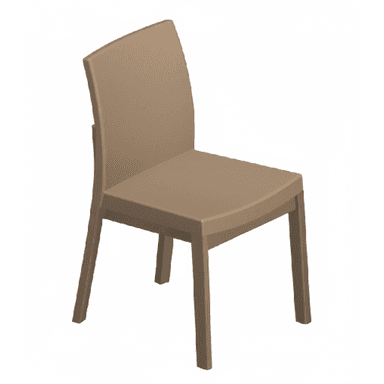 A single, modern side chair with a minimalist design, featuring a slightly curved backrest and a flat seat, constructed from a uniform brownish-beige material. — 3D model (AI enhanced source)