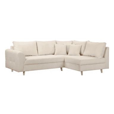 A sectional sofa with a chaise lounge extension. The sofa is upholstered in a corduroy fabric and features multiple loose back cushions and throw pillows. It has rounded armrests and is supported by short, tapered wooden legs. — 3D model (AI enhanced source)