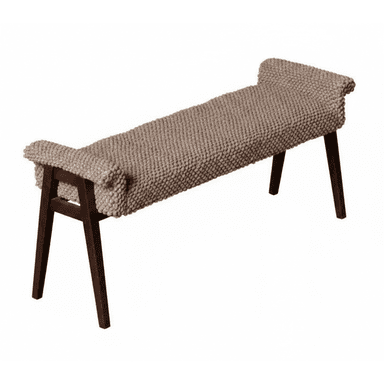 A long, rectangular contemporary bench featuring a highly textured, light brown or beige upholstery with a distinct bobble or knobby pattern. The bench is supported by four dark, tapered wooden legs that splay slightly outwards. The ends of the seat are gently rolled upwards, adding a subtle design detail. — 3D model (AI enhanced source)