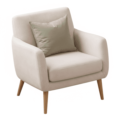An inviting contemporary upholstered armchair featuring a light beige fabric and a gentle, rounded silhouette. It includes a loose, square sage green accent pillow and stands on four slender, angled wooden legs. — 3D model (AI enhanced source)