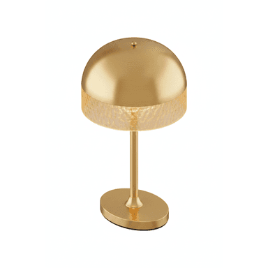 A contemporary table lamp with a brushed brass finish. The lamp features a domed shade with a textured band around its circumference, and a simple, slender stem rising from an oval base. A small finial is visible at the apex of the shade. — 3D model (AI enhanced source)