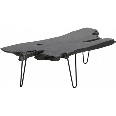 A rectangular coffee table featuring a live edge wood slab top finished in black, supported by four black metal hairpin legs. The tabletop retains its natural, irregular edges and surface imperfections, contributing to its organic aesthetic. — 3D model (AI enhanced source)