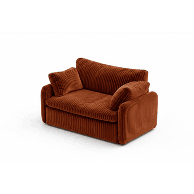 A compact two-seater loveseat, fully upholstered in a burnt orange corduroy fabric with a distinct ribbed texture. It features plush, deep seating cushions, wide padded armrests, and two matching loose back cushions, providing a soft and inviting aesthetic. The design suggests a modern or contemporary style with an emphasis on comfort. — 3D model (AI enhanced source)