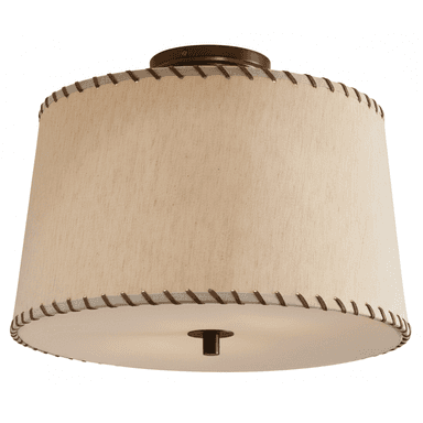 A semi-flush mount ceiling light featuring a cylindrical drum shade crafted from light beige or cream-colored fabric. The top and bottom edges of the drum shade are adorned with a decorative lacing detail, resembling stitching in a darker brown or bronze hue. The light is mounted to the ceiling by a dark bronze or oil-rubbed bronze circular canopy, and a matching finial is visible at the center of the bottom diffuser, securing it in place. The fabric shade provides diffused light. — 3D model (AI enhanced source)