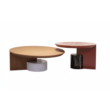 A set of two modern, geometrically designed tables featuring contrasting materials and colors. The larger table has a light wood round top, dark wood base, and light gray cylindrical concrete support. The smaller table has a red lacquered round top and matching red lacquered base, with a black marble cylindrical support. — 3D model (AI enhanced source)