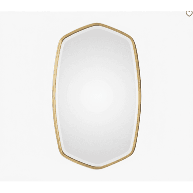A contemporary wall mirror featuring an organic, irregular geometric shape with a slim, polished gold-toned metal frame. The mirror surface is clear and reflective, with clean edges. The overall aesthetic suggests a modern or transitional style piece, designed for decorative and functional purposes in various interior settings. The frame has a slightly distressed or aged gold finish, adding character to its appearance. — 3D model (AI enhanced source)