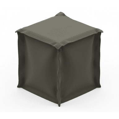 A precisely rendered cube-shaped ottoman, upholstered in a uniform dark olive green fabric, featuring distinct stitched seams along its edges. — 3D model (AI enhanced source)
