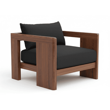 A modern armchair featuring a robust, open box-frame constructed from dark wood, likely walnut, complemented by thick, dark gray upholstered seat and back cushions. The design emphasizes clean lines and a minimalist aesthetic. — 3D model (AI enhanced source)