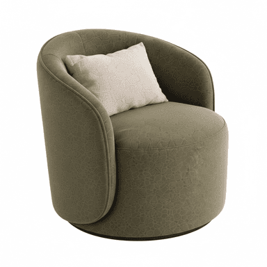 An upholstered barrel-shaped chair with a swivel base, rendered in a textured olive green fabric, featuring a compact and rounded form with integrated armrests and back. A small, light-colored decorative pillow rests on the seat. — 3D model (AI enhanced source)