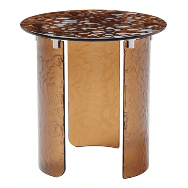 A contemporary round accent table featuring a dark, mottled brown tabletop and three curved, amber-toned, textured glass panels forming the base. The panels are attached to the tabletop with minimalist silver-colored metal brackets. The overall design emphasizes material texture and a sculptural form. — 3D model (AI enhanced source)