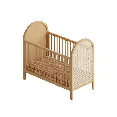 A wooden crib with a curved headboard and footboard. The sides feature vertical wooden slats, and one end panel is a woven cane material. A patterned mattress is visible inside. — 3D model (AI enhanced source)
