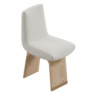 A contemporary armless chair featuring a light-colored boucle upholstered seat and backrest, supported by a distinctive light wood panel base. The wood base has a modern, minimalist design, with the front and back legs being solid, thick panels. The bottom of the wood panels is accented with a metallic brass-toned cap. — 3D model (AI enhanced source)