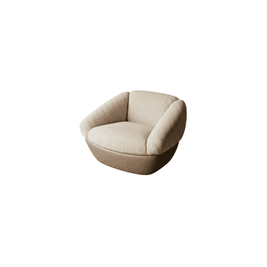 A contemporary lounge chair featuring a soft, rounded, and sculptural form. The upper seating portion is upholstered in a light beige or cream textured fabric, characterized by plush, curved backrest and armrests that seamlessly integrate into a single, enveloping shape. This upholstered section rests upon a contrasting, smooth, and solid base in a darker brown or tan color, giving the chair a distinctive two-tone appearance and a stable, low profile. — 3D model (AI enhanced source)