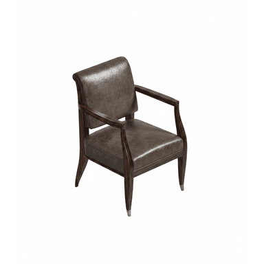 A sophisticated armchair featuring an exposed dark brown wood frame and rich grey-brown leather upholstery. The chair has subtly curved armrests and tapered legs, with polished metallic caps on the feet, adding a touch of elegance. The seat and backrest are well-padded, providing comfort, while the visible wood grain enhances its natural appeal. The design blends classic elements with a transitional aesthetic, suitable for various interior styles. — 3D model (AI enhanced source)