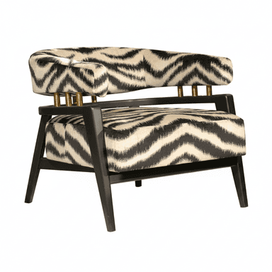 An upholstered accent armchair featuring a black and off-white zig-zag patterned fabric, a dark wooden frame, and brass cylindrical supports. — 3D model (AI enhanced source)